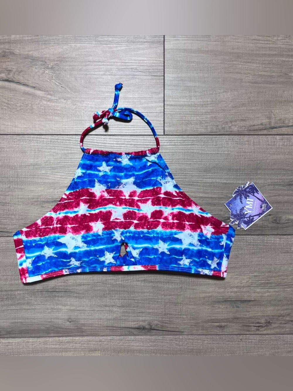 YMI Womens Patriotic Tie Dye Stars Halter Bikini Top Size M Red White & Blue